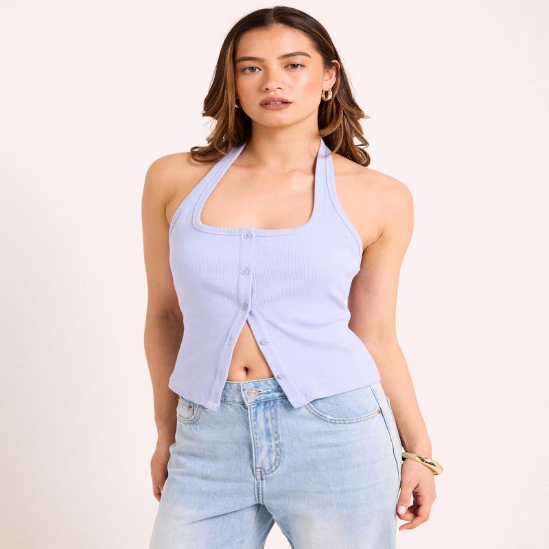 Saga Rib Button Halter Tank