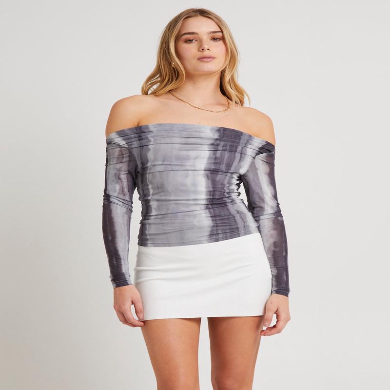 Grey Tie Dye Off Shoulder Top