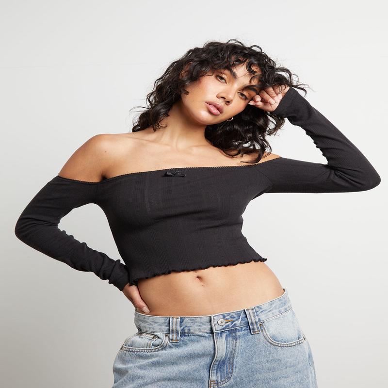 Fate Pointelle Cold Shoulder Tube Top in Black