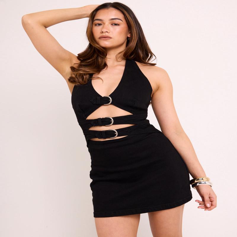 Rogue Buckle Denim Mini Dress