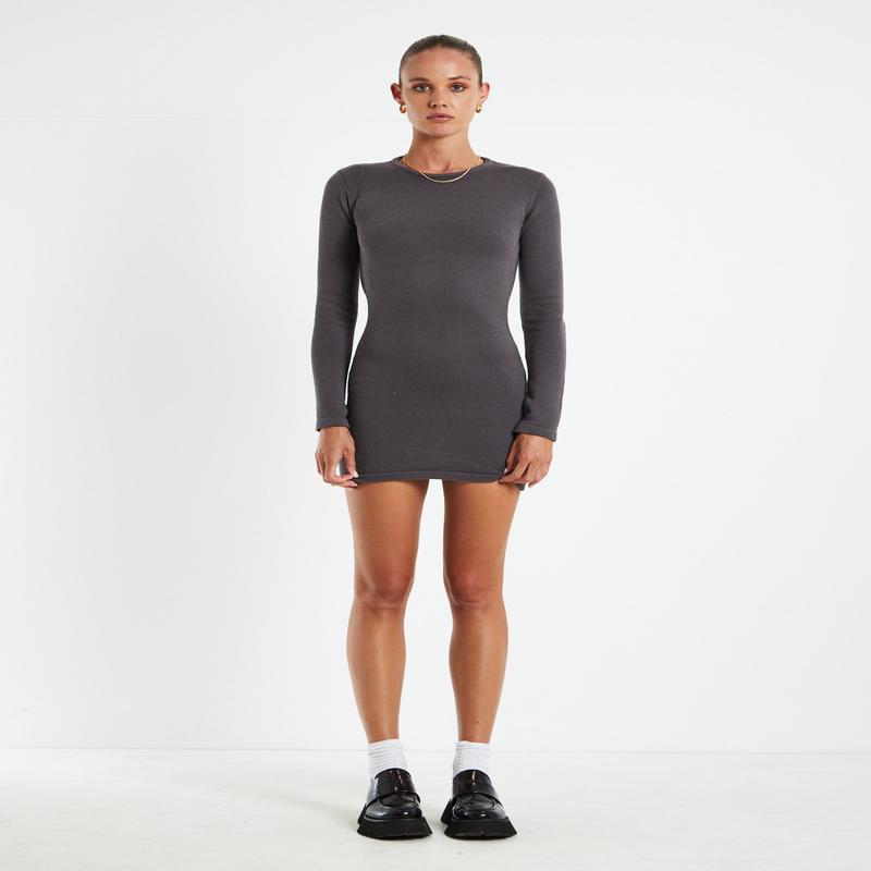Reign Open Back Mini Knit Dress Slate Grey