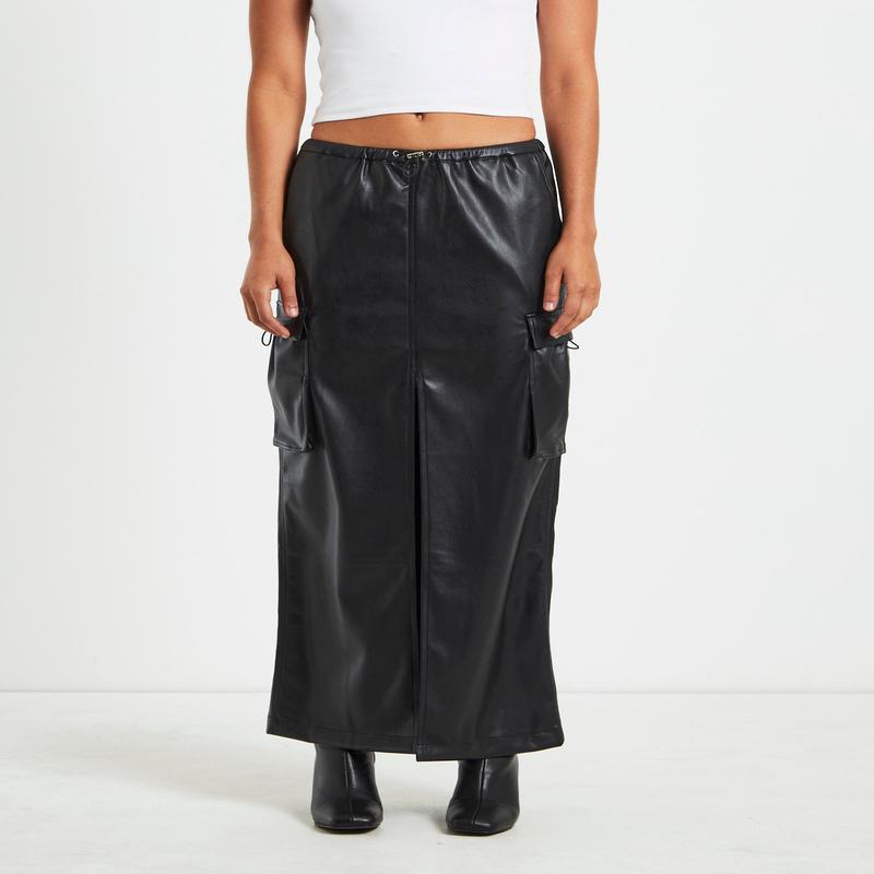 Phoebe Leather Look Cargo Skirt Black