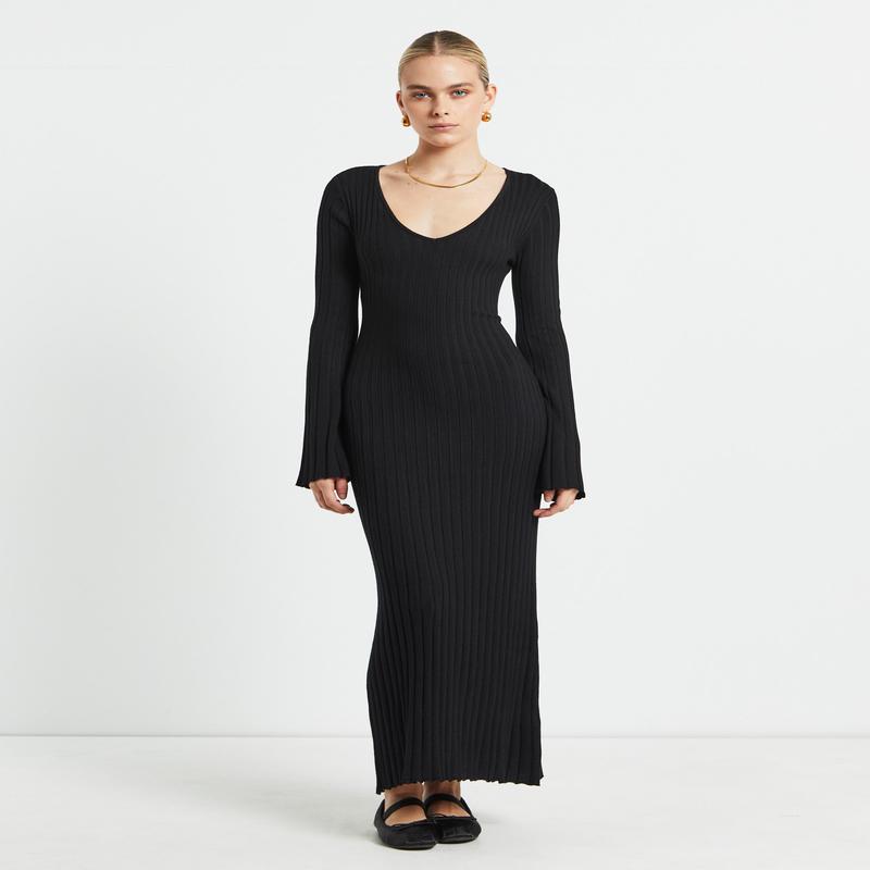 Sophie Long Sleeve Rib Knit Dress Black