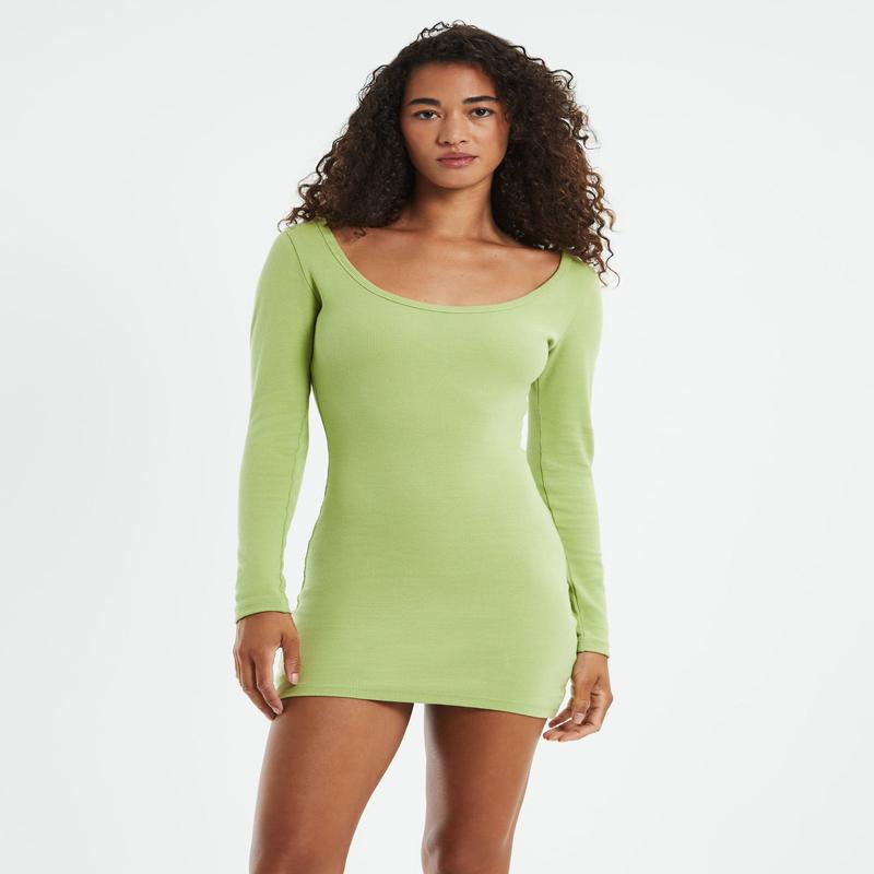 Open Neck Long Sleeve Dress Lime