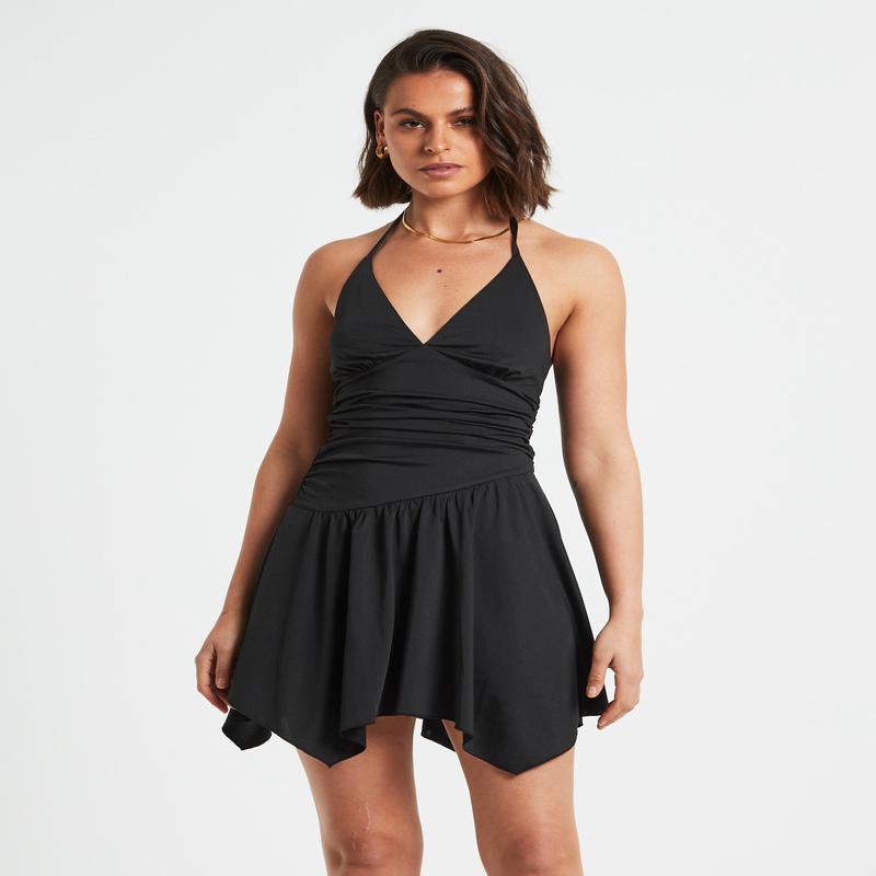 Sawyer Asymetric Hem Halter Mini Dress in Black