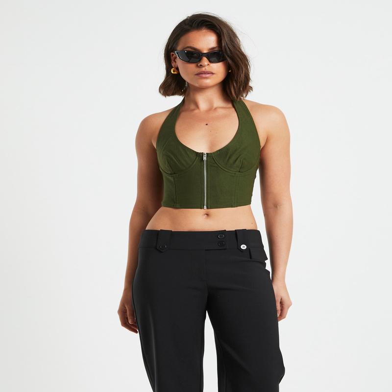 Athena Zip Front Halter Neck Corset in Khaki Green