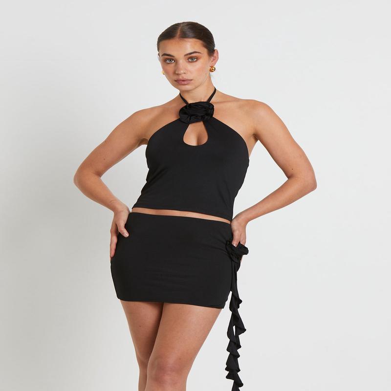 Dovie Corsage Halter Top in Black