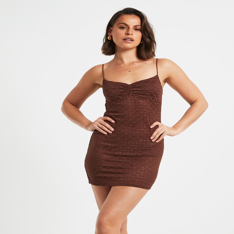 Maya Lace Mini Dress in Chocolate Brown