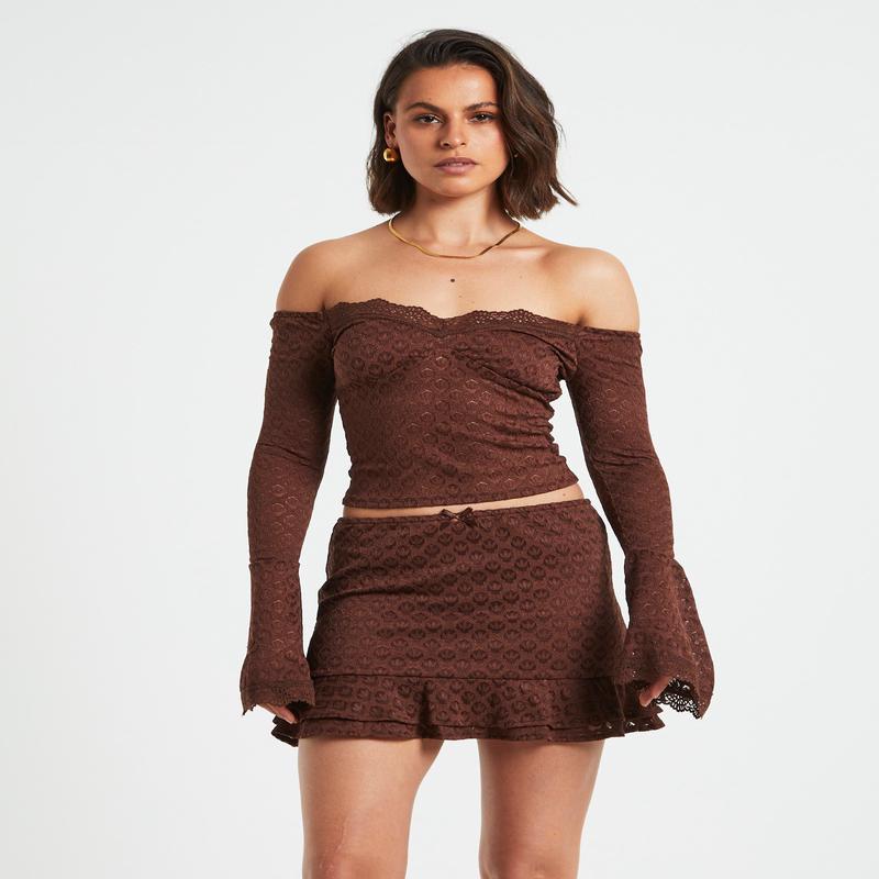 Maya Off Shoulder Long Sleeve Lace Top in Chocolate Brown