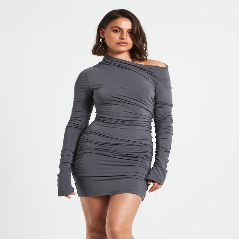 Nyah Long Sleeve Mini Dress in Gunmetal Grey