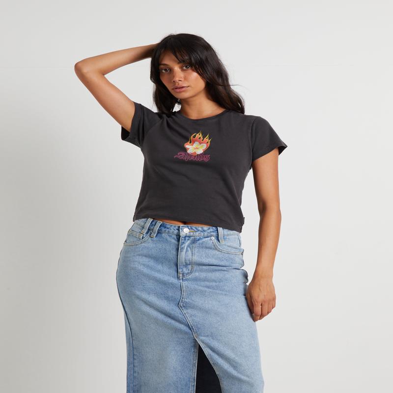 Burning Recycled Baby Tee in Stone Black