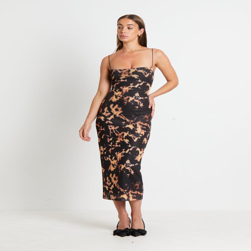 Carmen Dark Cloud Mesh Midi Dress in Brown