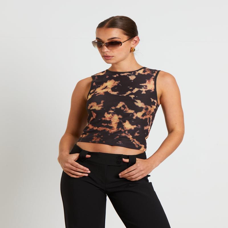 Dark Cloud Mesh Cut Off Tank Top in Brown