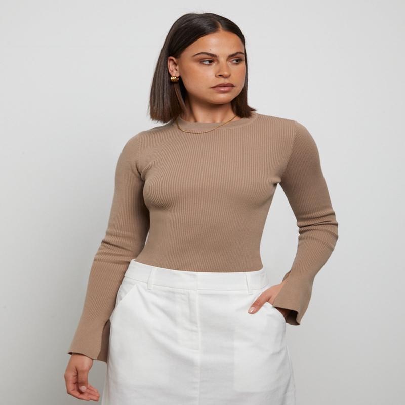 Luxe Knitted Long Sleeve Top in Cocoa Brown