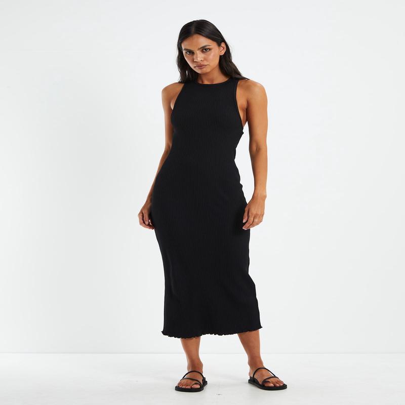 Reeta Ribbed Knit Twist Back Dress Black