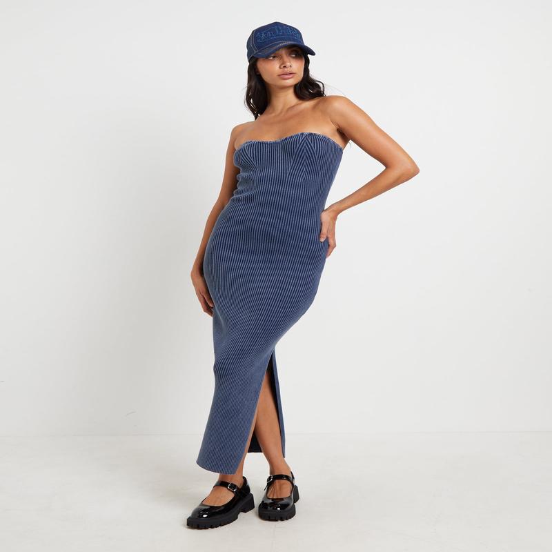 Kiah Acid Rib Knit Bandeau Midi Dress in Blue