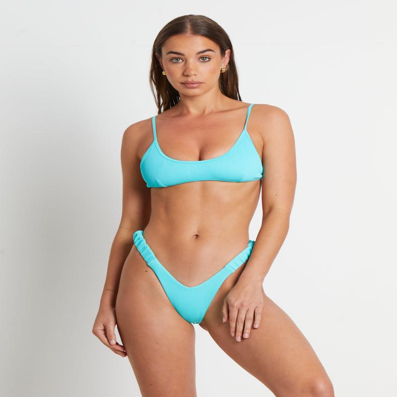 Minimal Tie Back Bikini Top in Aqua Ribbed