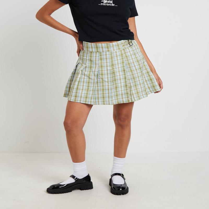 Plaid Pleated Skirt in Army Green