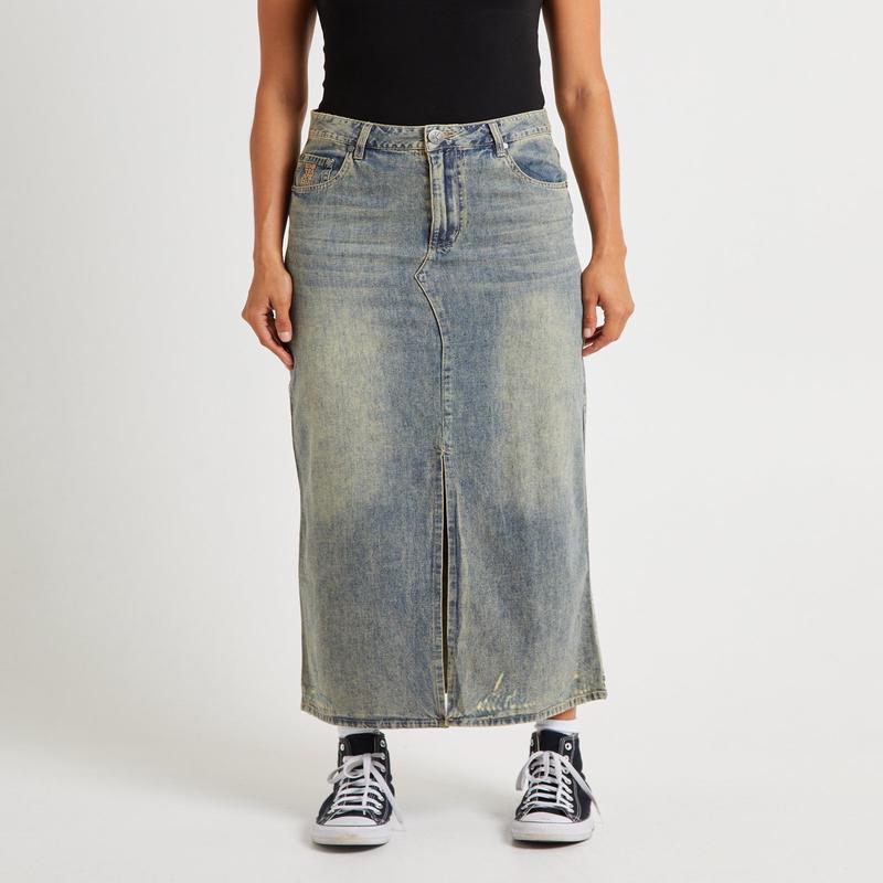High Waisted Denim Column Skirt Dirty