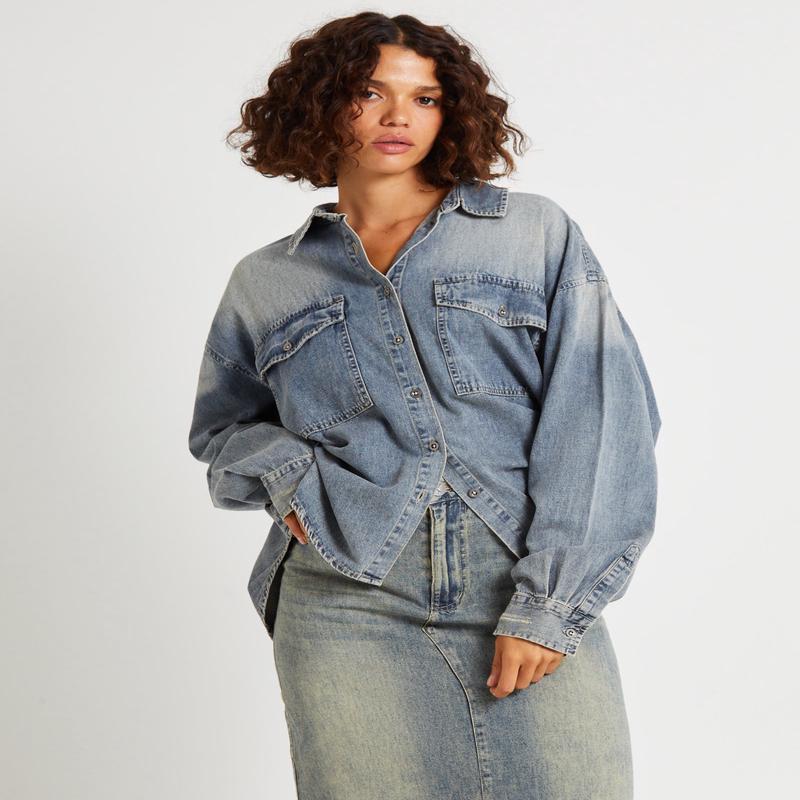 Oversized Denim Western Shirt Dirty Blue