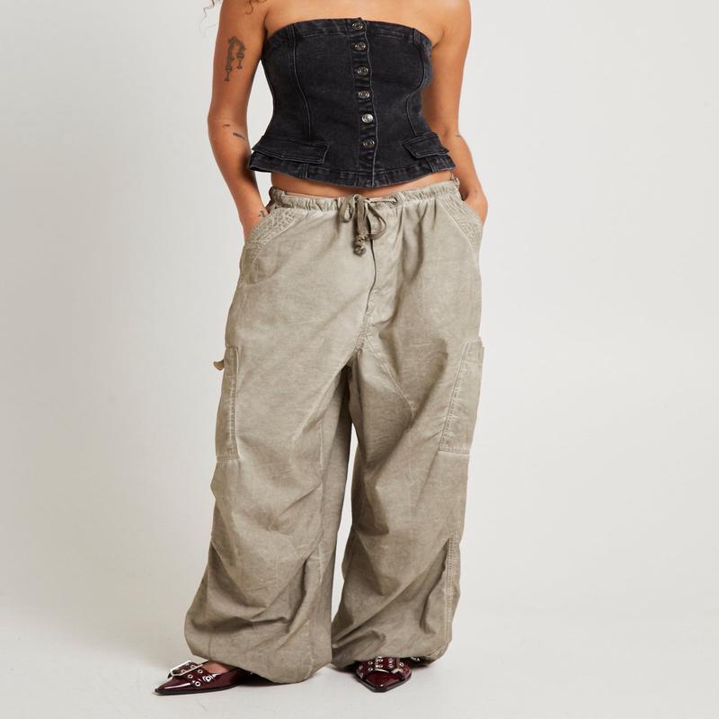 Beige Oil Wash Parachute Pants
