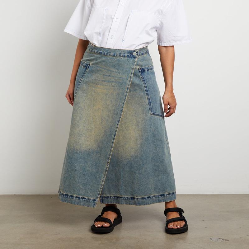 Wrap Denim Maxi Skirt in Dirty Wash