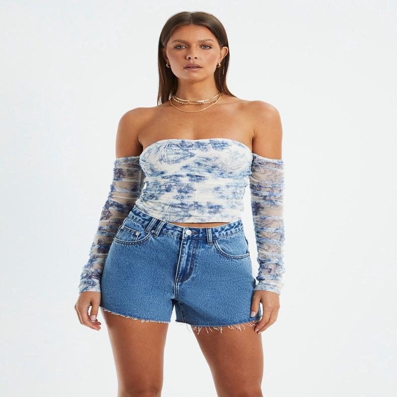 Holly Toile Print Gathered Off Shoulder Top Assorted