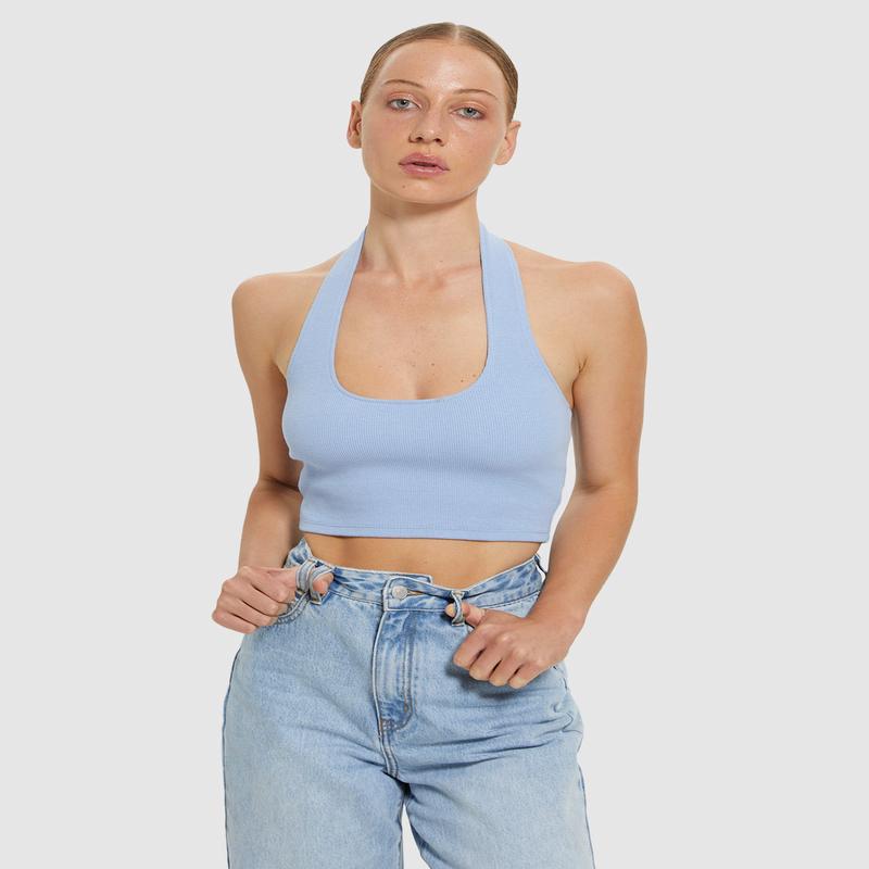 Halter Neck Rib Crop Top Blue