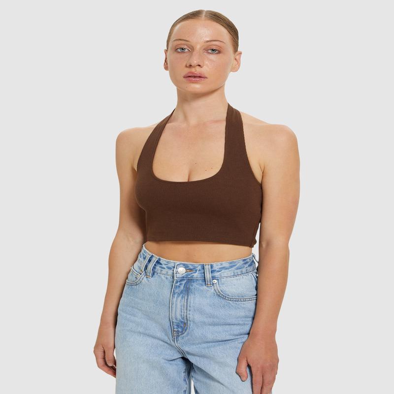 Halter Neck Rib Crop Top Chocolate Brown