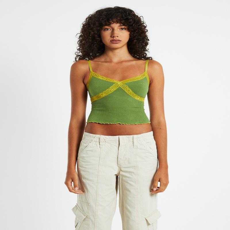 BDG Contrast Lace Cami Green
