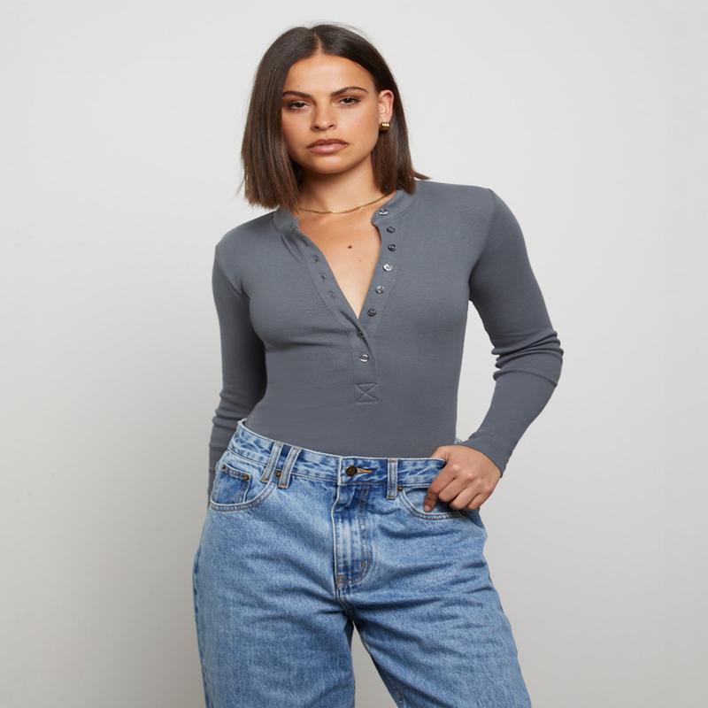 Button Front Long Sleeve Bodysuit in Slate Grey