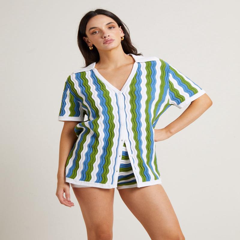 Cher Knit Shirt Dress in Blue