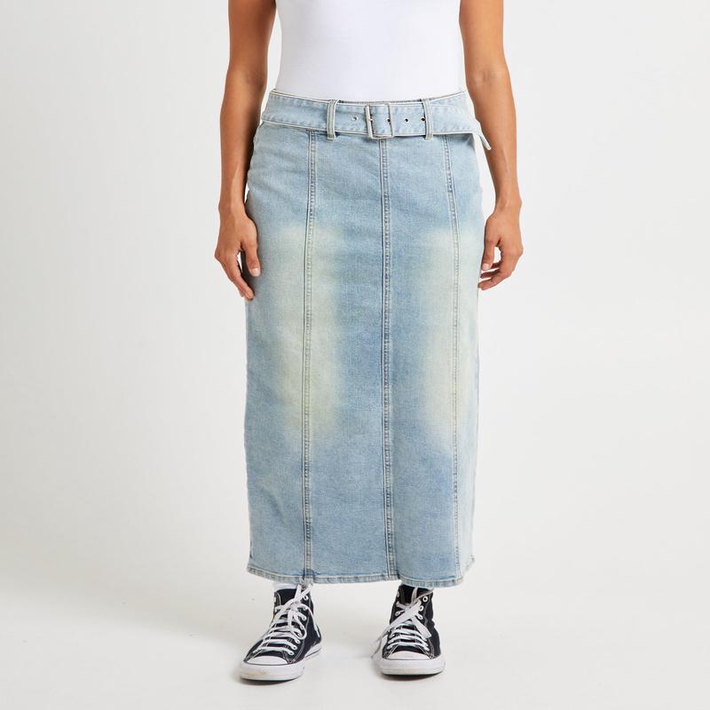 Kaya Low Belted Denim Maxi Skirt