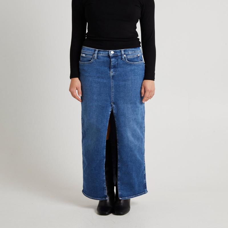 Front Split Hem Denim Maxi Skirt