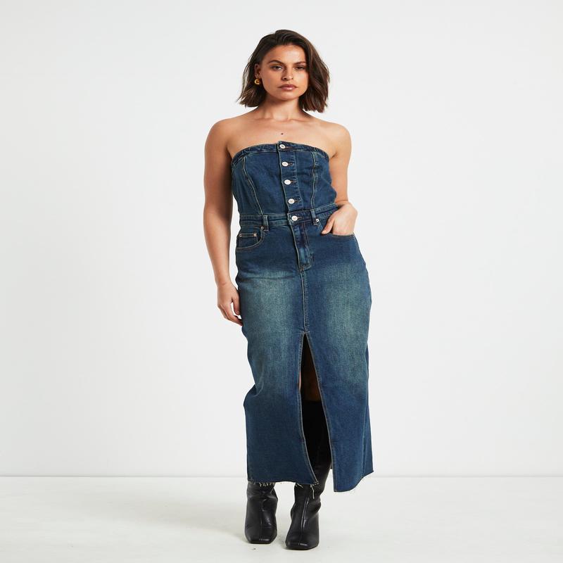 Howdy Denim Tube Midi Dress in Vintage Blue