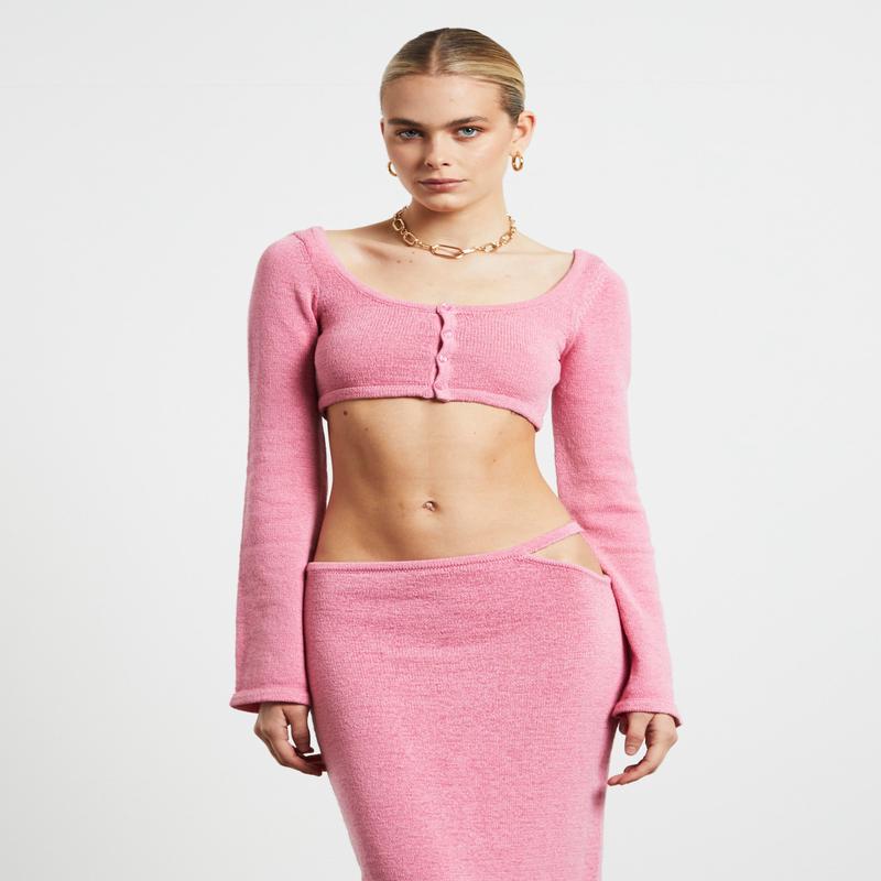 Mika Knit Fitted Long Sleeve Button Up Top in Strawberry Pink