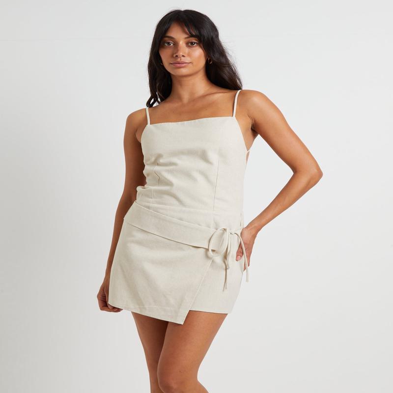 Eden Backless Linen Mini Dress in Oat Marle