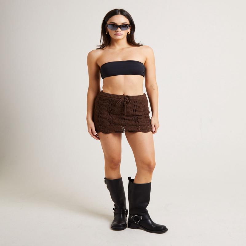 Lori Scallop Crochet Mini Skirt in Chocolate Brown