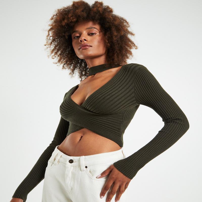 Amelia Choker Long Sleeve Top Khaki Green