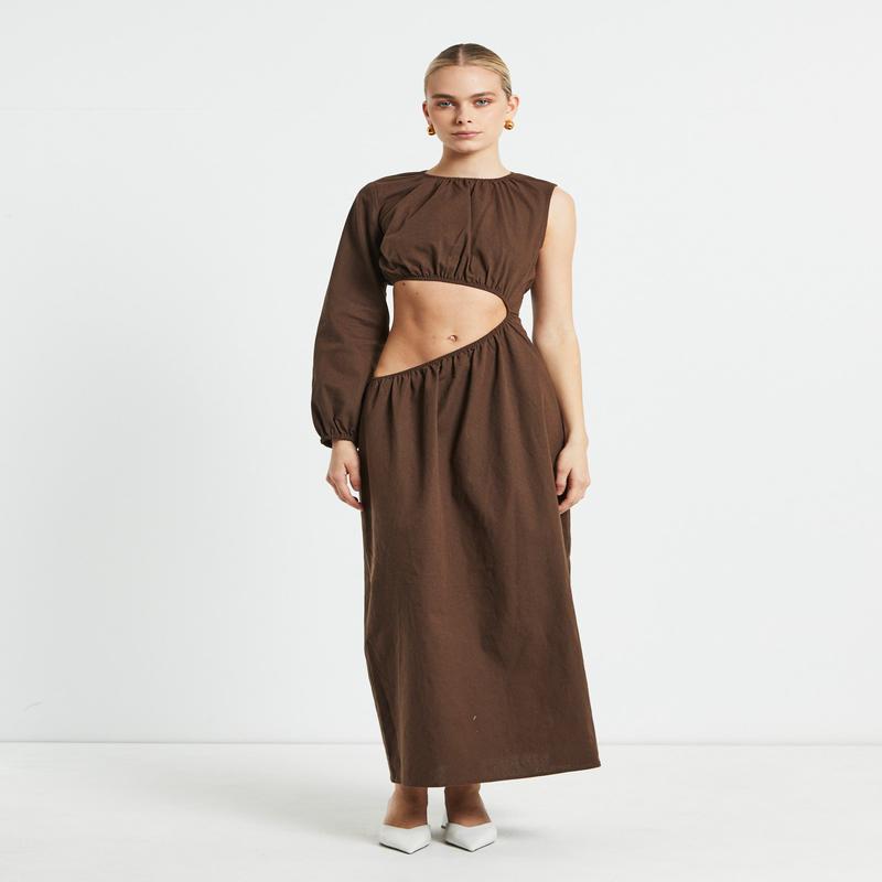 Isobel One Shoulder Cut Out Midi Dress in Chocolate