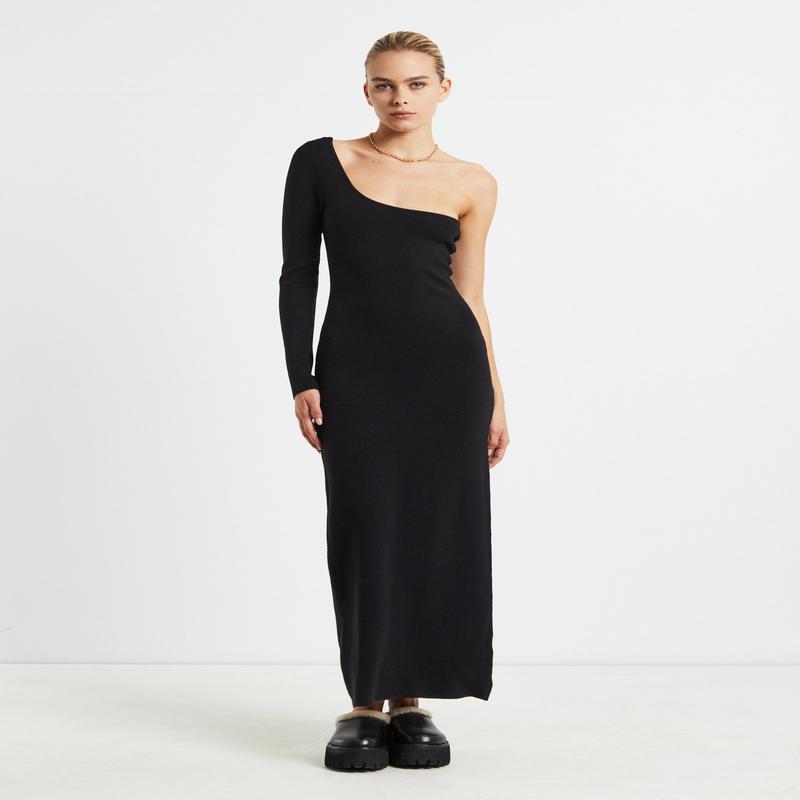 Monty One Shoulder Knit Dress Black