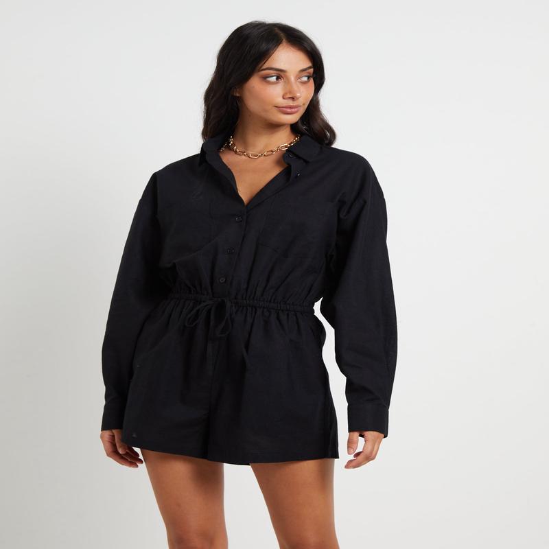 Joslin Boxy Long Sleeve Shirt Playsuit in Black
