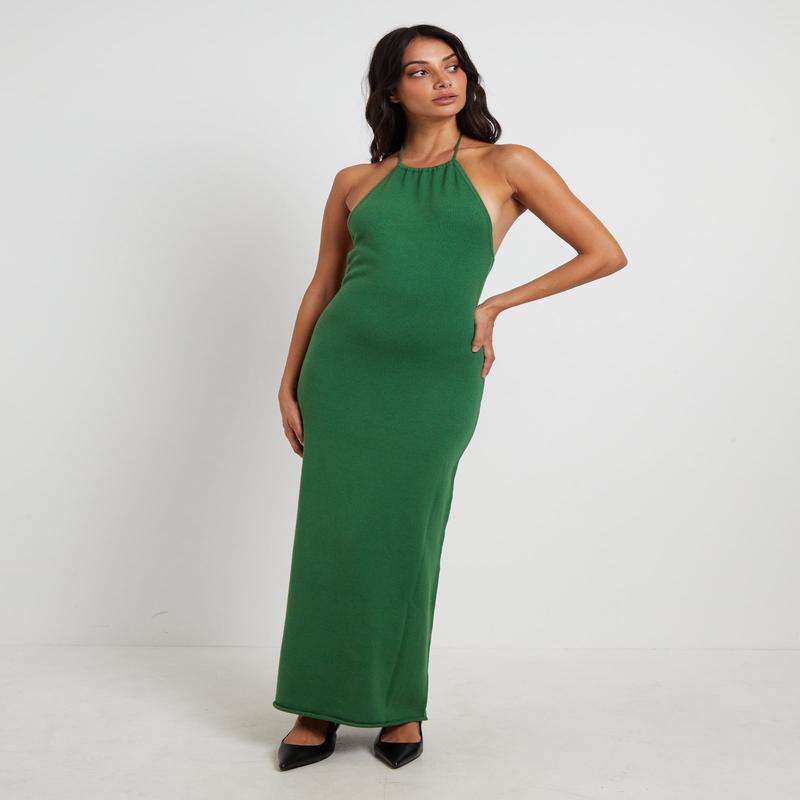 Mimi Knit Tie Back Midi Dress in Green