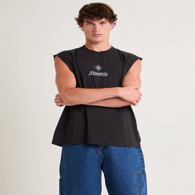 Peace Out Sleevless T-Shirt in Stone Black