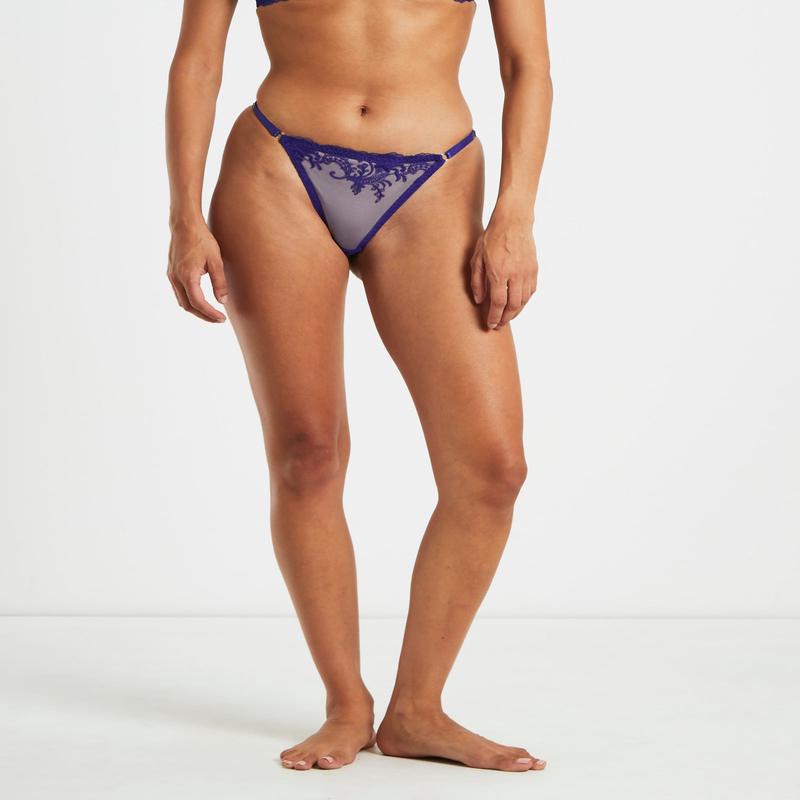 Poppy Embroidered Lace Thong - Deep Blue