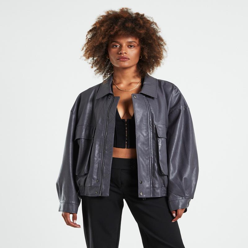 Jen Oversized Patch Pocket Jacket Grey