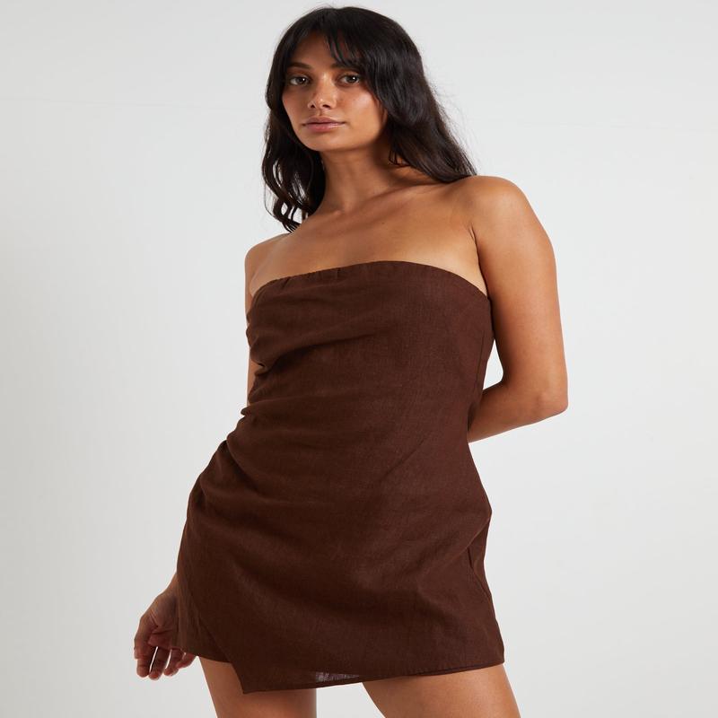 Lui Linen Mini Dress in Chocolate