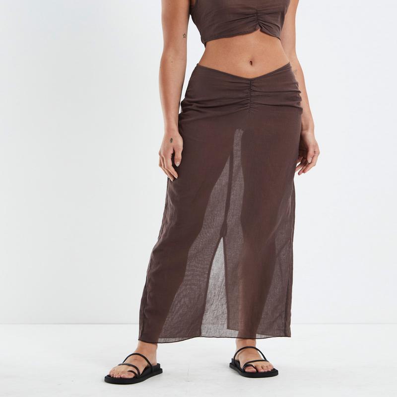 Solana Gather Front Midi Skirt Brown