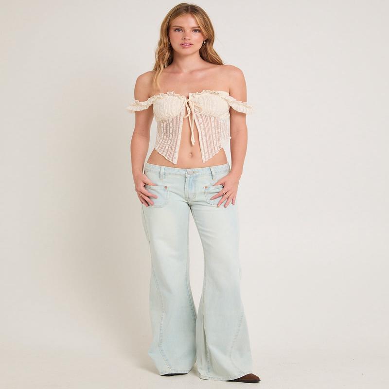 Johnnies Low Waist Wide Leg Flared Denim Jeans Le Surf