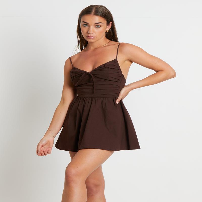 Norah Gather Mini Dress in Coffee Brown